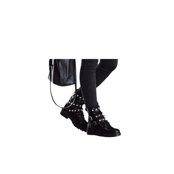 Zara Basics Pearl Studded Lace Up Chunky Boots Size 41 Y2K Goth Steampunk Grunge - Picture 2 of 9